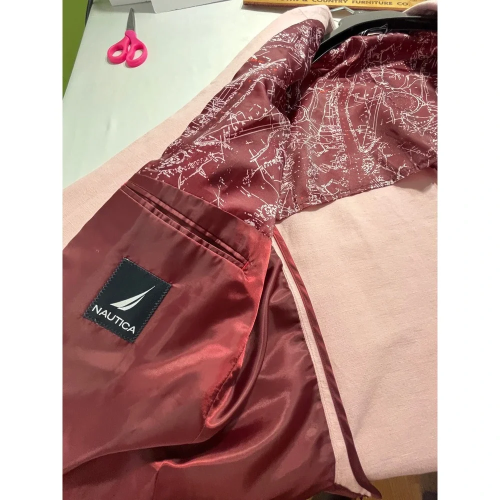 Nautica Linen Blend Blazer Sport Coat Men 44R Pink‎ Map Print Lining Hamptons